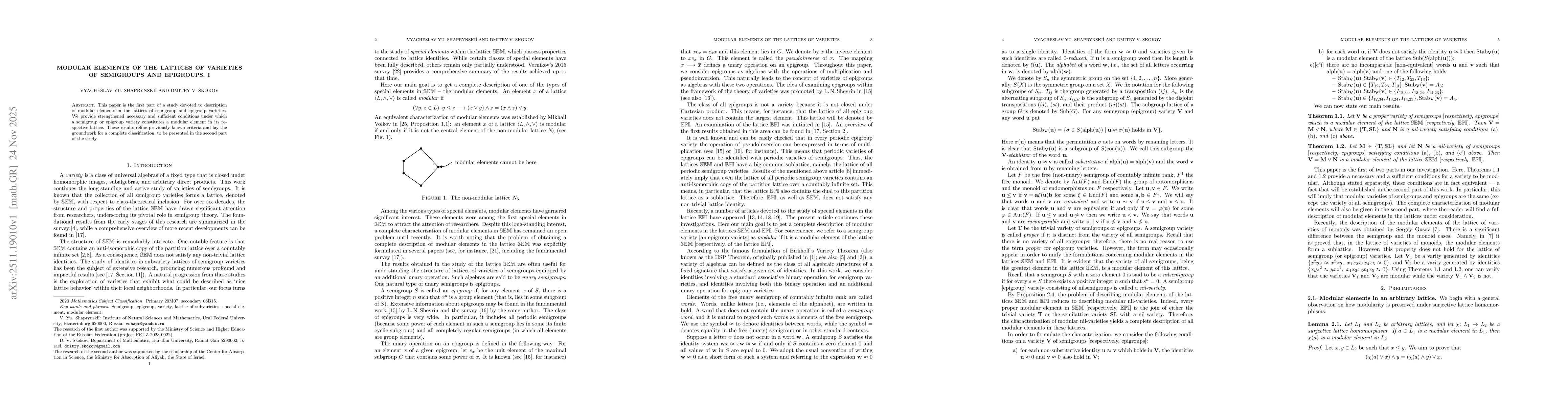 Thumbnail for Modular elements of the lattices of varieties of semigroups and epigroups. I
