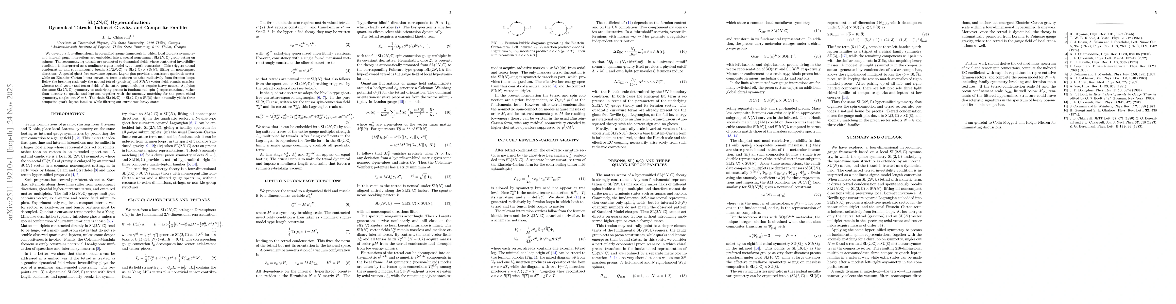 Thumbnail for SL(2N,C) Hyperunification: Dynamical Tetrads, Induced Gravity, and Composite Families