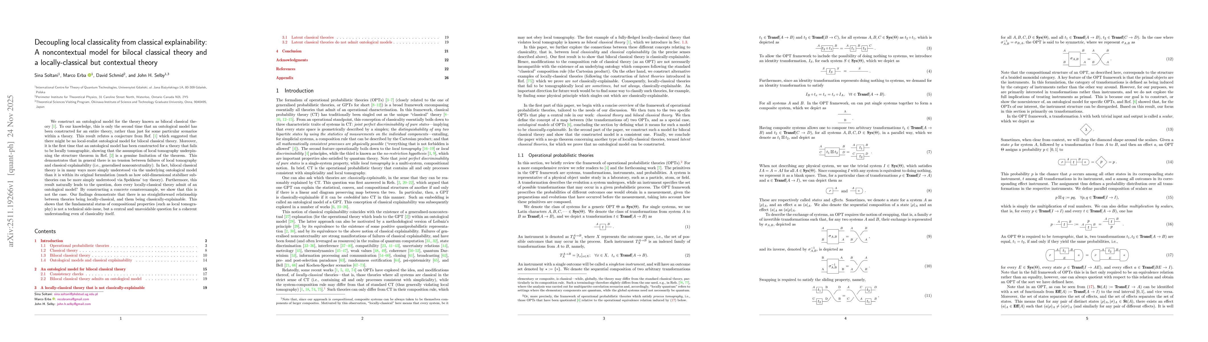 Thumbnail for Decoupling local classicality from classical explainability: A noncontextual model for bilocal classical theory and a locally-classical but contextual theory
