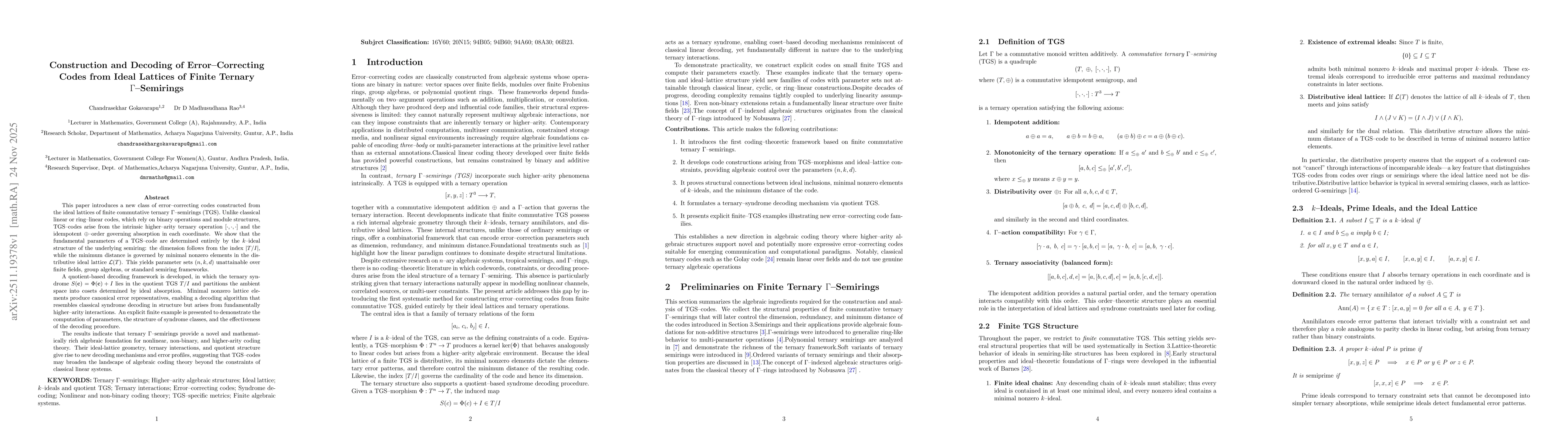 Thumbnail for Construction and Decoding of Error--Correcting Codes from Ideal Lattices of Finite Ternary Gamma Semirings