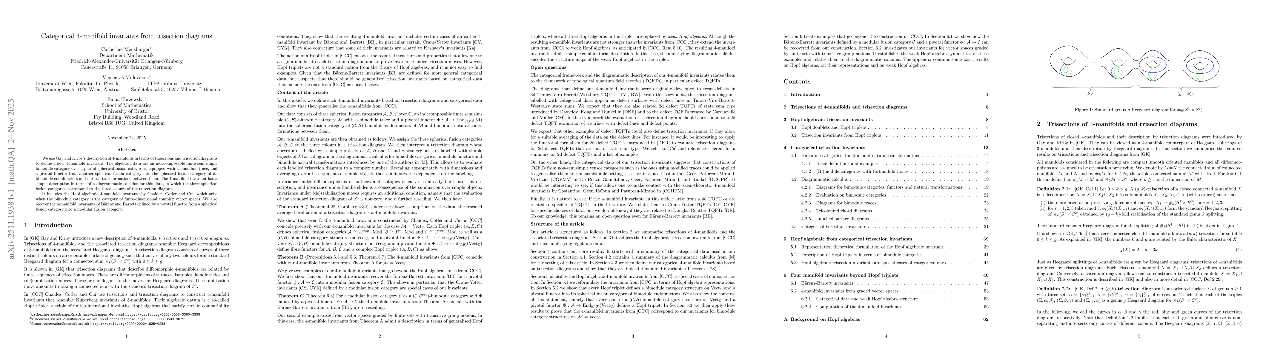 Thumbnail for Categorical 4-manifold invariants from trisection diagrams