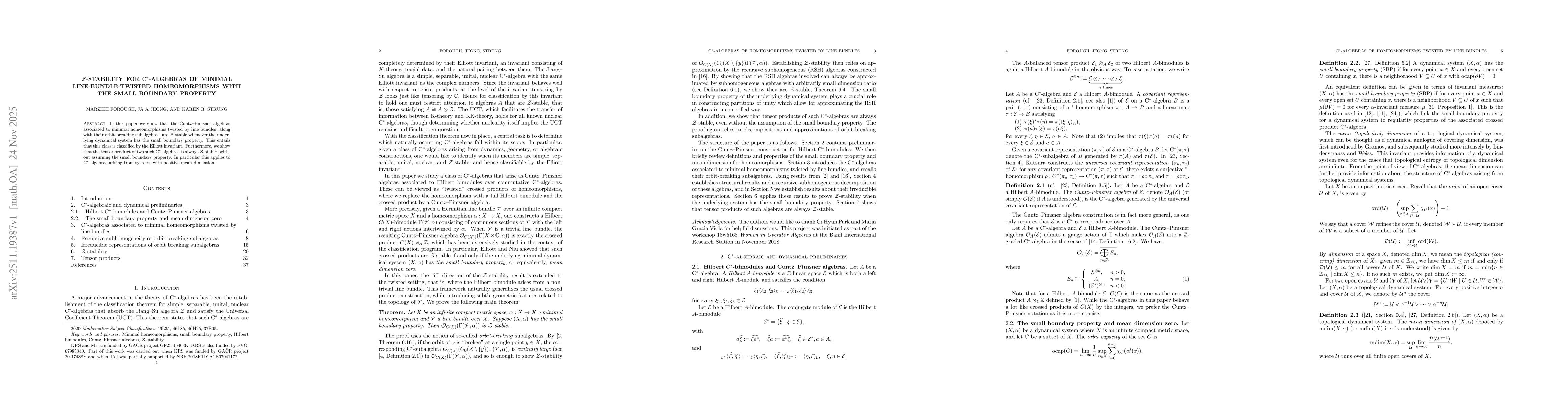Thumbnail for $\mathcal{Z}$-stability for $\mathrm C^*$-algebras of minimal line-bundle-twisted homeomorphisms with the small boundary property