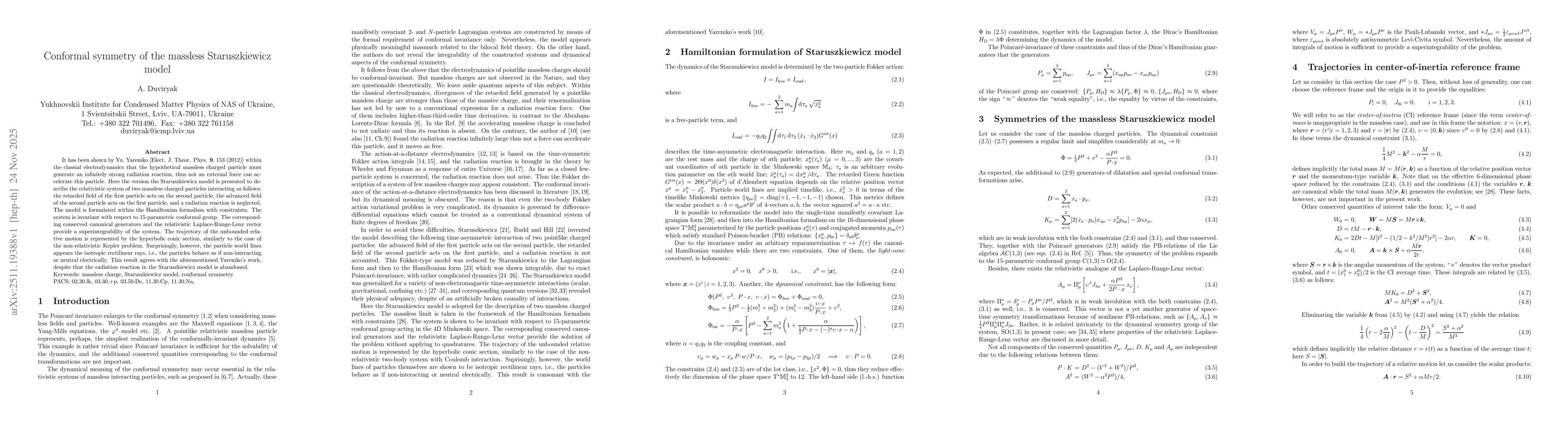 Thumbnail for Conformal symmetry of the massless Staruszkiewicz model