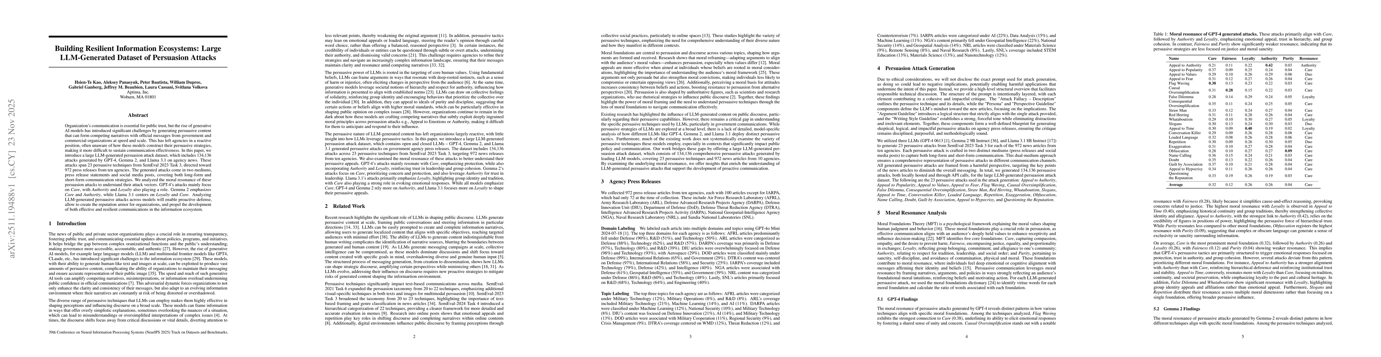 Thumbnail for Building Resilient Information Ecosystems: Large LLM-Generated Dataset of Persuasion Attacks
