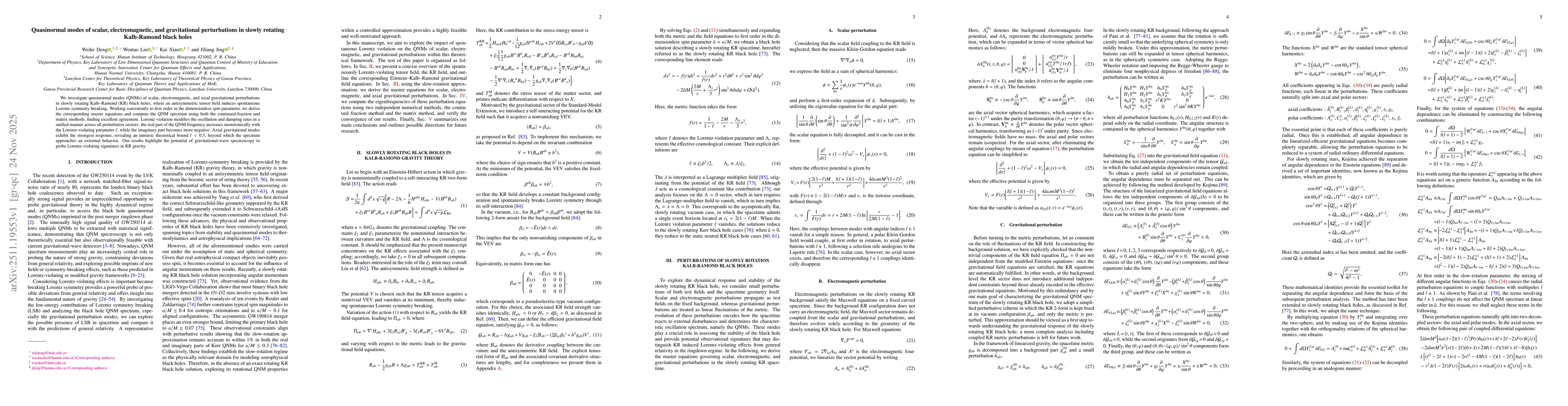 Thumbnail for Quasinormal modes of scalar, electromagnetic, and gravitational perturbations in slowly rotating Kalb-Ramond black holes