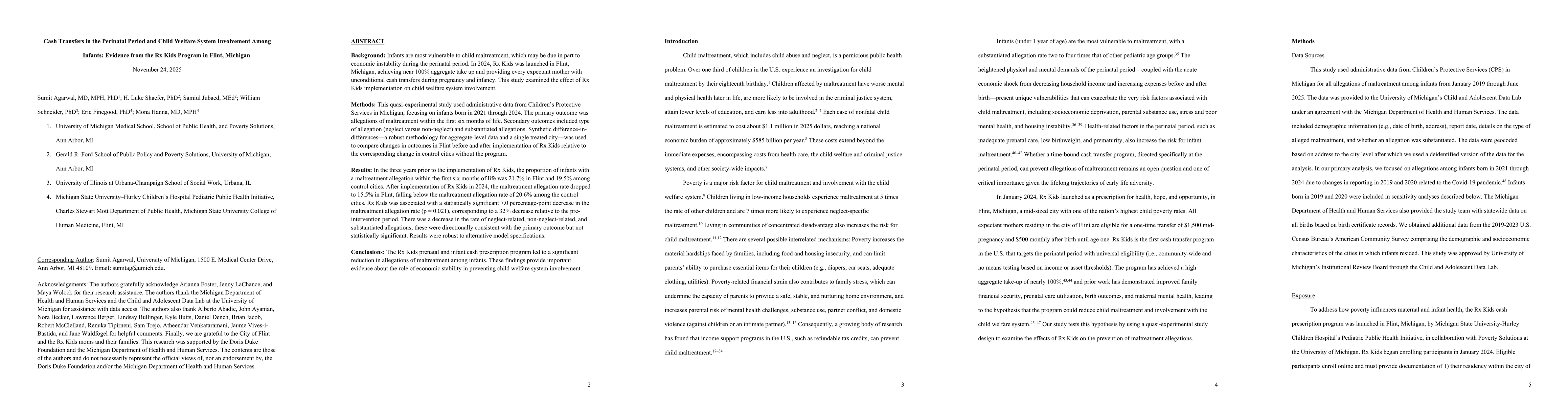 Thumbnail for Cash Transfers in the Perinatal Period and Child Welfare System Involvement Among Infants: Evidence from the Rx Kids Program in Flint, Michigan