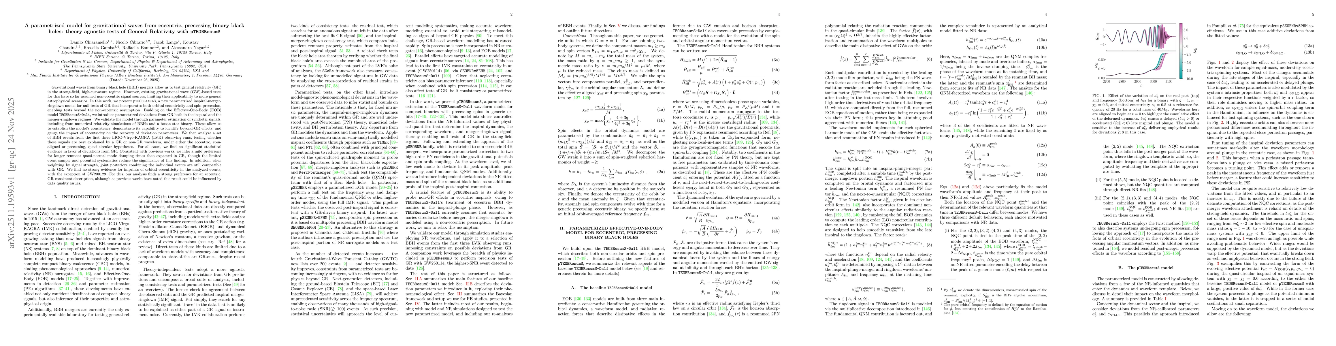 Thumbnail for A parametrized model for gravitational waves from eccentric, precessing binary black holes: theory-agnostic tests of General Relativity with pTEOBResumS