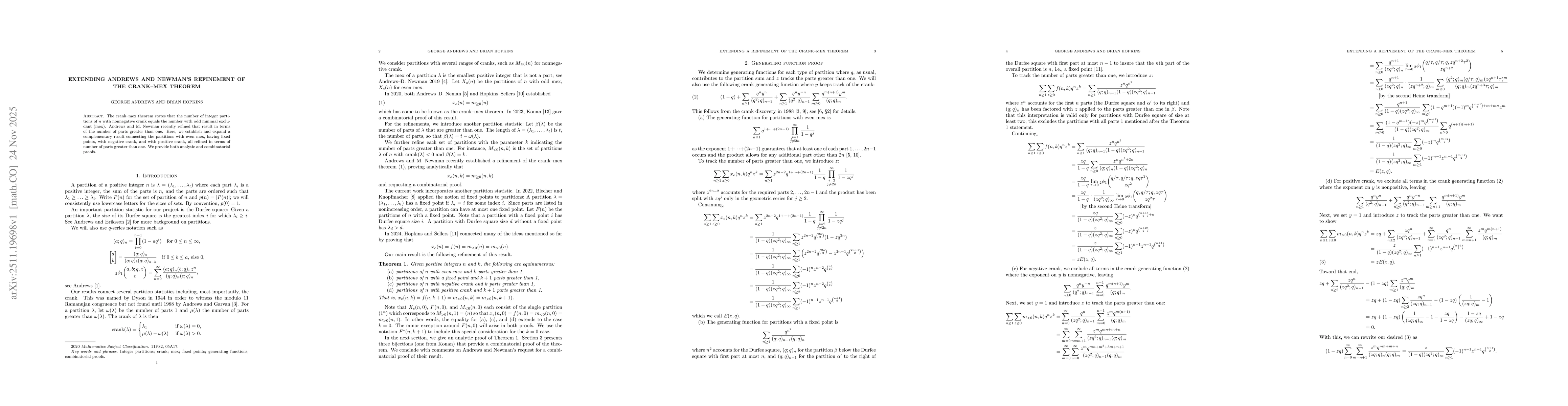 Thumbnail for Extending Andrews and Newman's refinement of the crank-mex theorem