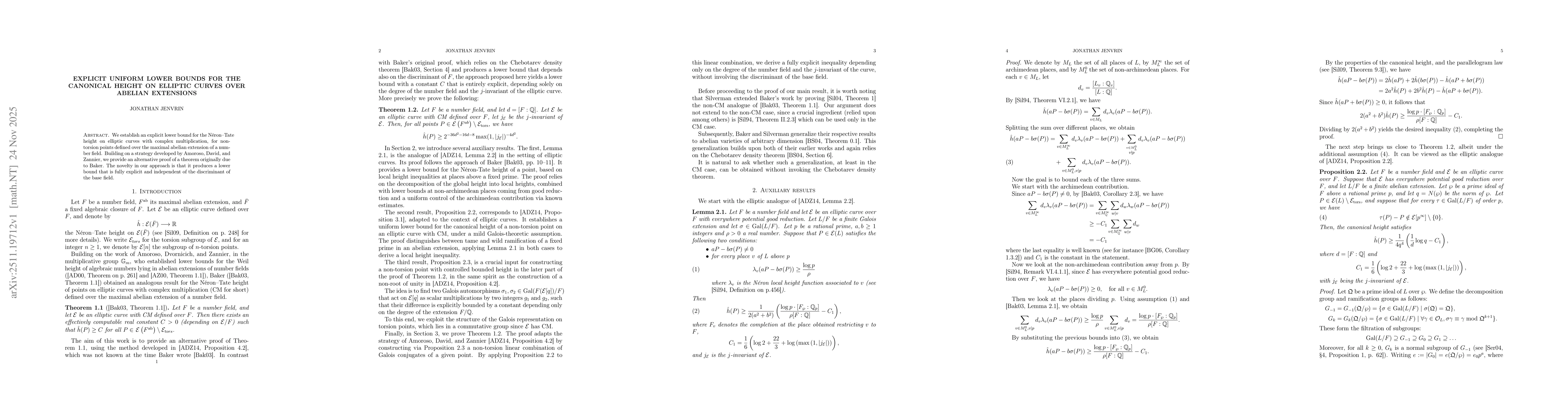 Thumbnail for Explicit Uniform Lower Bounds for the Canonical Height on Elliptic Curves over Abelian Extensions