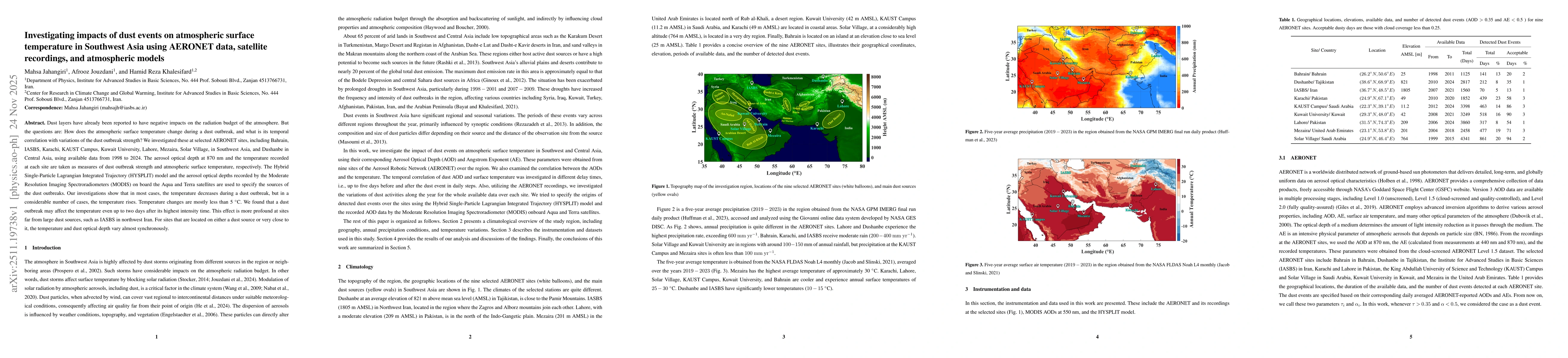 Thumbnail for Investigating impacts of dust events on atmospheric surface temperature in Southwest Asia using AERONET data, satellite recordings, and atmospheric models