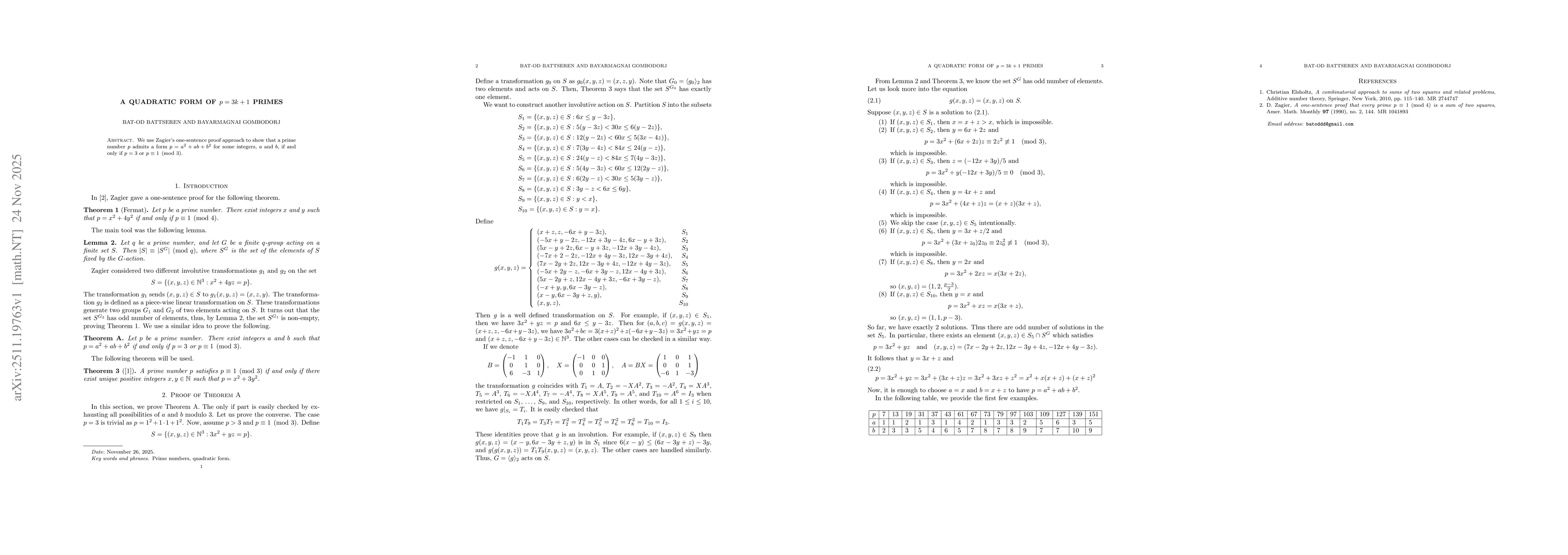 Thumbnail for A quadratic form of $p = 3k + 1$ primes