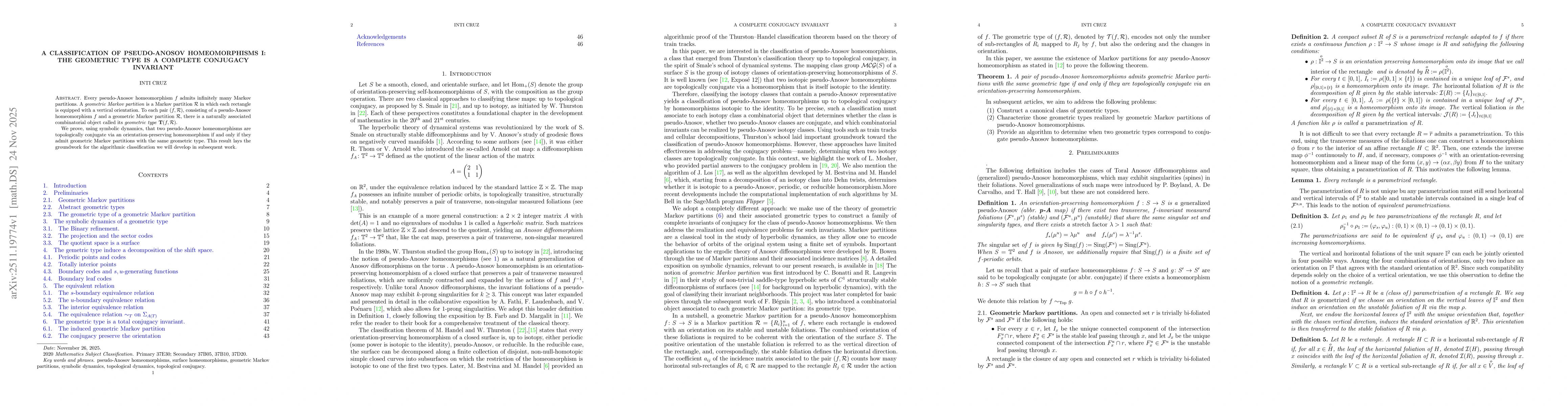 Thumbnail for A classification of pseudo-Anosov homeomorphisms I: the geometric type is a complete conjugacy invariant