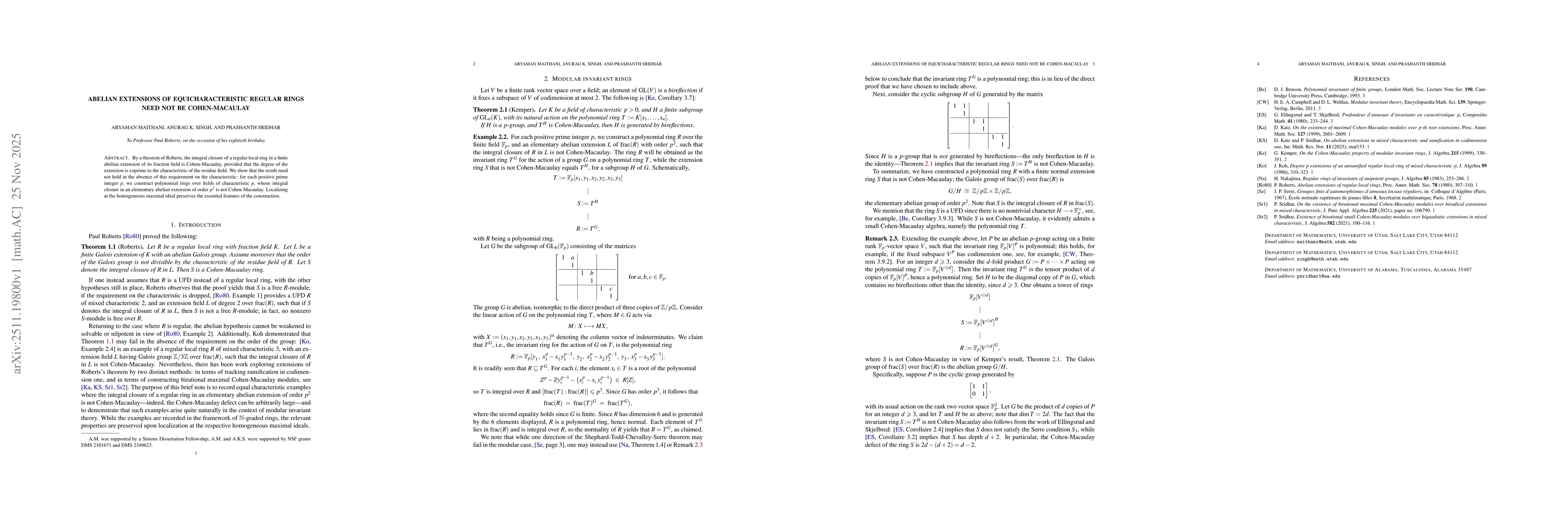 Thumbnail for Abelian extensions of equicharacteristic regular rings need not be Cohen-Macaulay