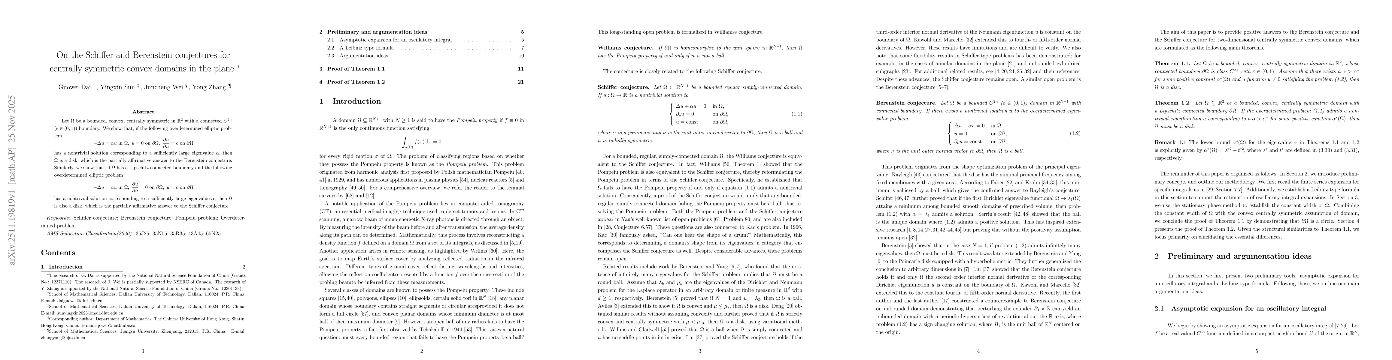 Thumbnail for On the Schiffer and Berenstein conjectures for centrally symmetric convex domains in the plane