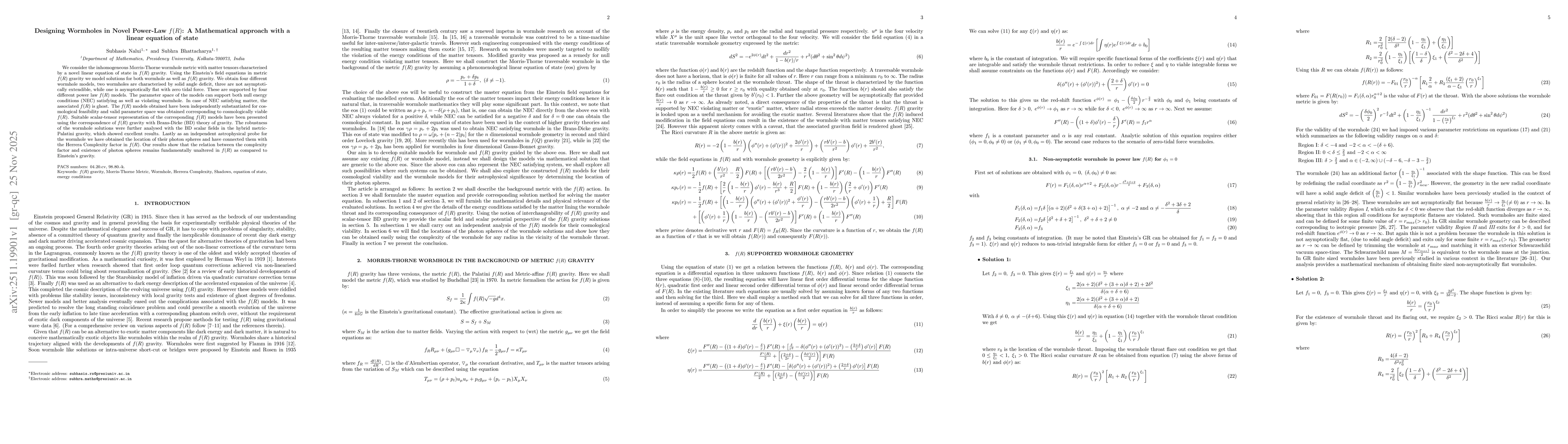 Thumbnail for Designing Wormholes in Novel Power-Law $f(R)$: A Mathematical approach with a linear equation of state