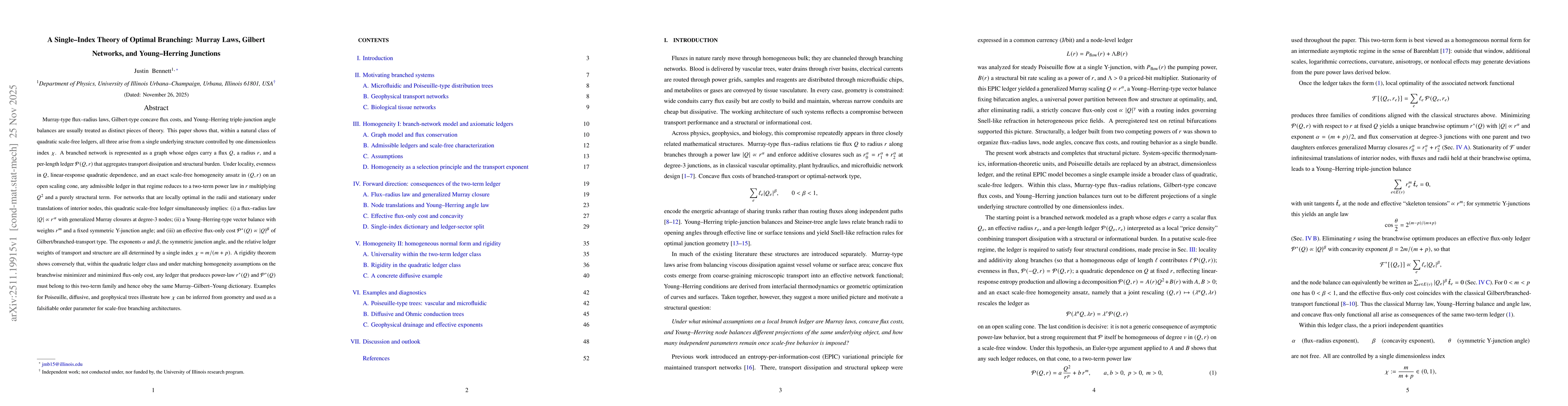 Thumbnail for A Single--Index Theory of Optimal Branching: Murray Laws, Gilbert Networks, and Young--Herring Junctions