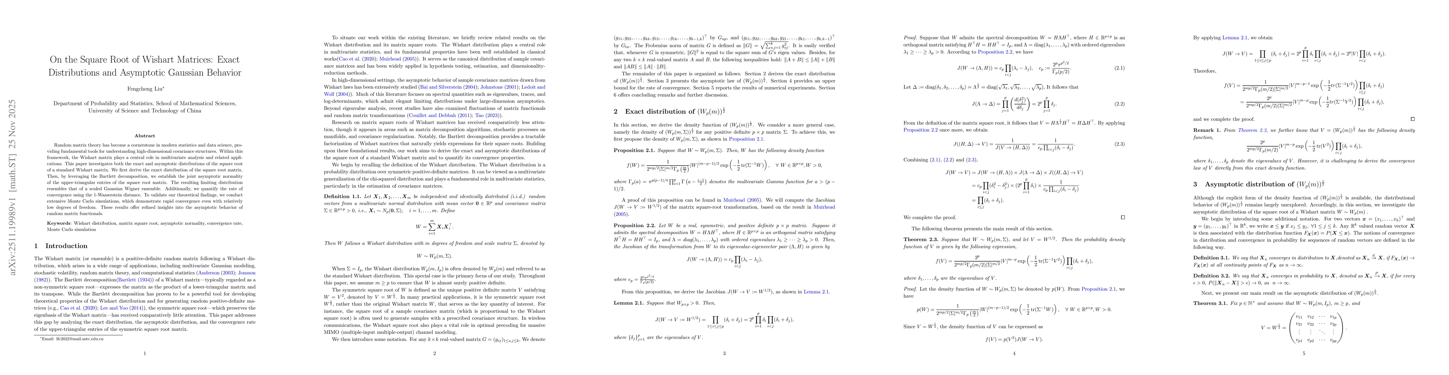 Thumbnail for On the Square Root of Wishart Matrices: Exact Distributions and Asymptotic Gaussian Behavior