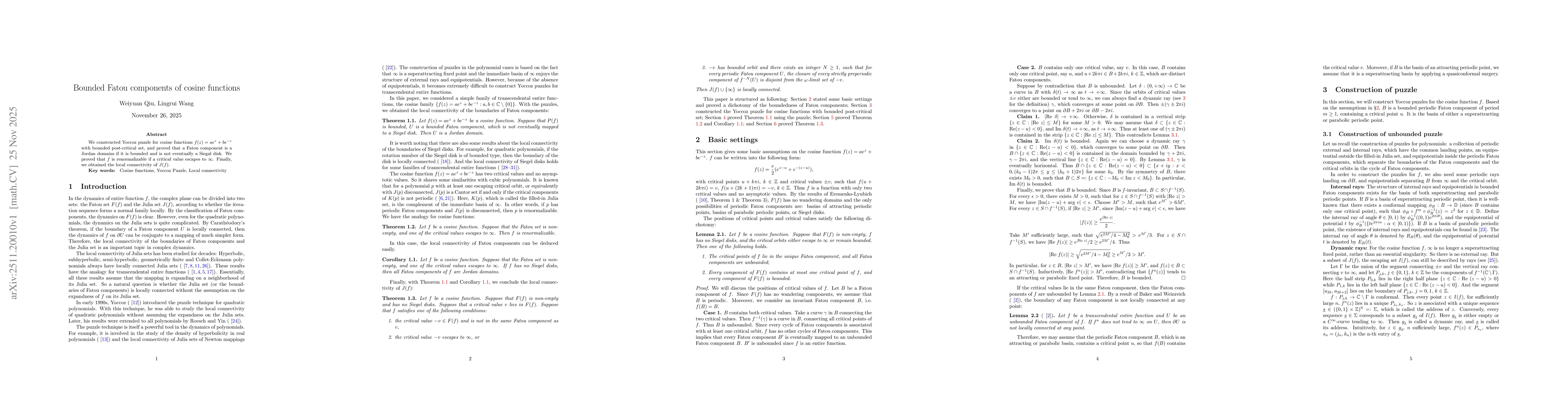 Thumbnail for Bounded Fatou components of cosine functions