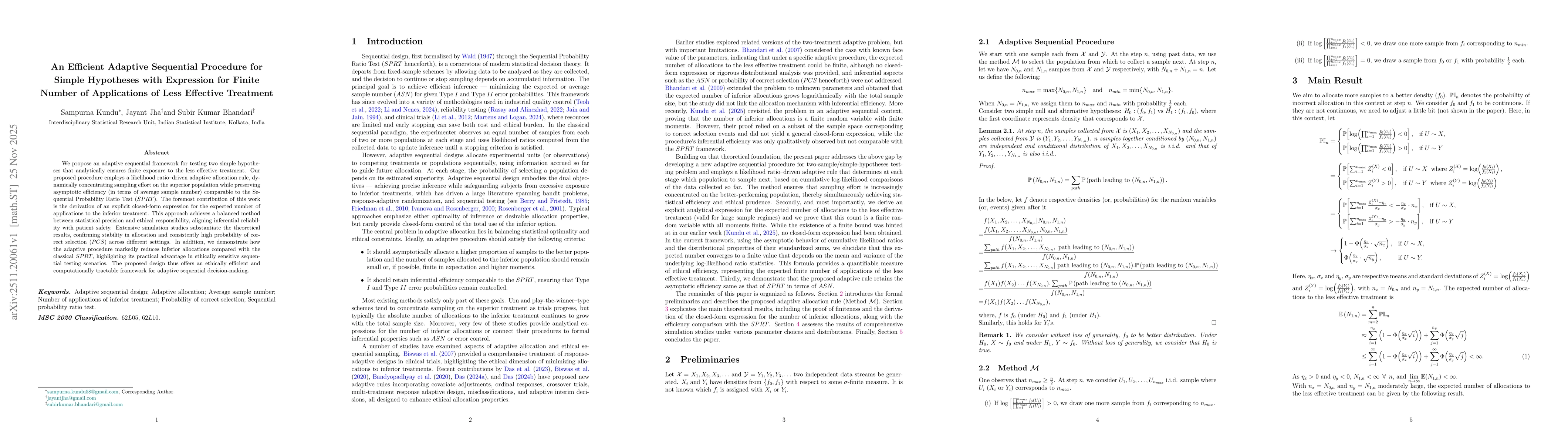 Thumbnail for An Efficient Adaptive Sequential Procedure for Simple Hypotheses with Expression for Finite Number of Applications of Less Effective Treatment