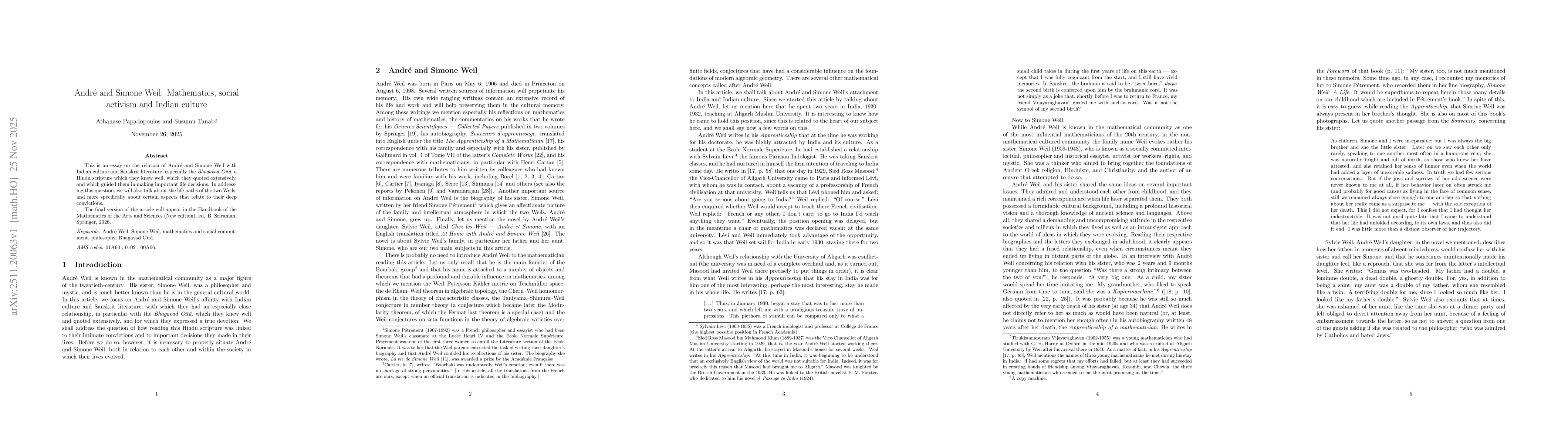 Thumbnail for Andr{é} and Simone Weil: Mathematics, social activism and Indian culture