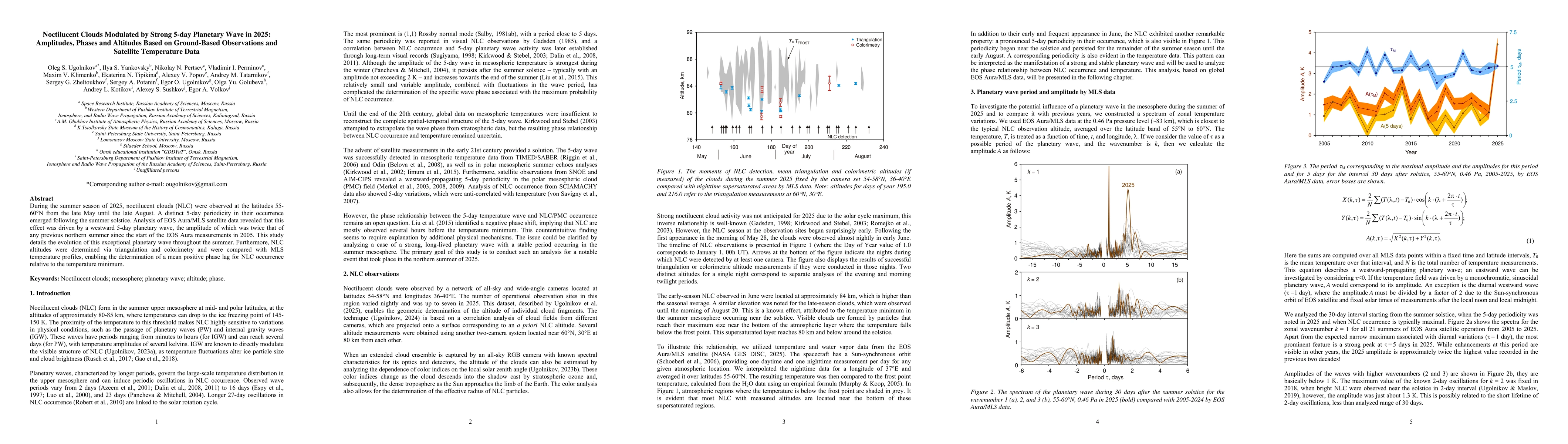 Thumbnail for Noctilucent Clouds Modulated by Strong 5-day Planetary Wave in 2025: Amplitudes, Phases and Altitudes Based on Ground-Based Observations and Satellite Temperature Data
