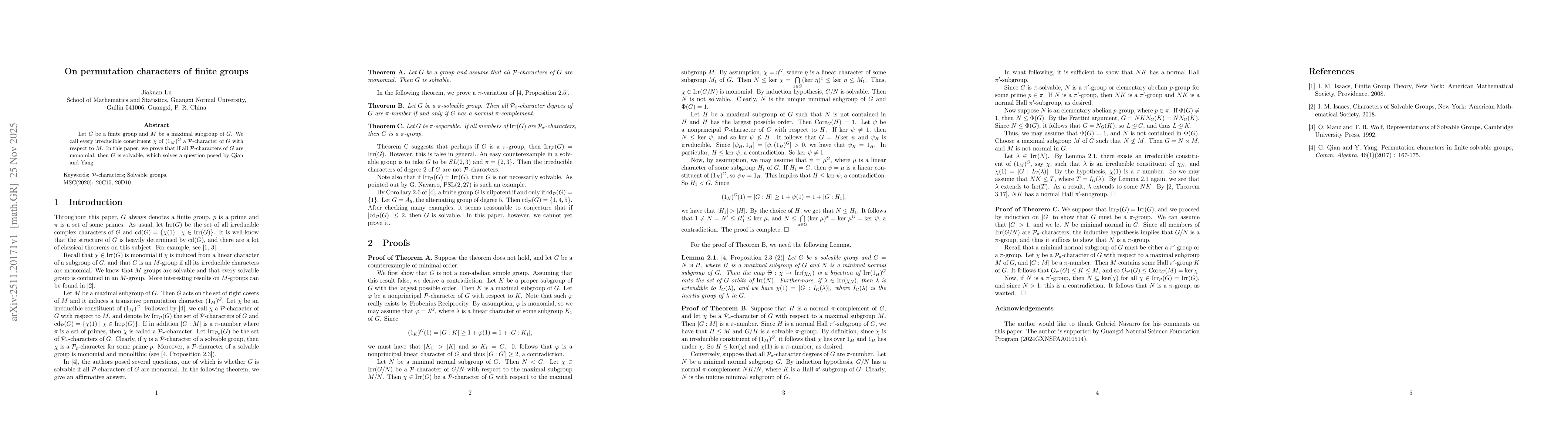 Thumbnail for On permutation characters of finite group