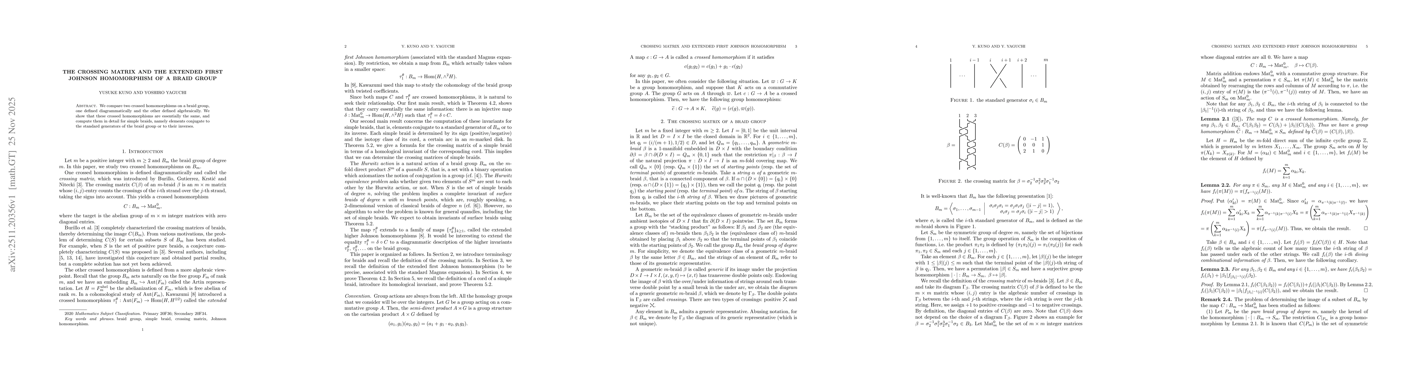 Thumbnail for The crossing matrix and the extended first Johnson homomorphism of a braid group