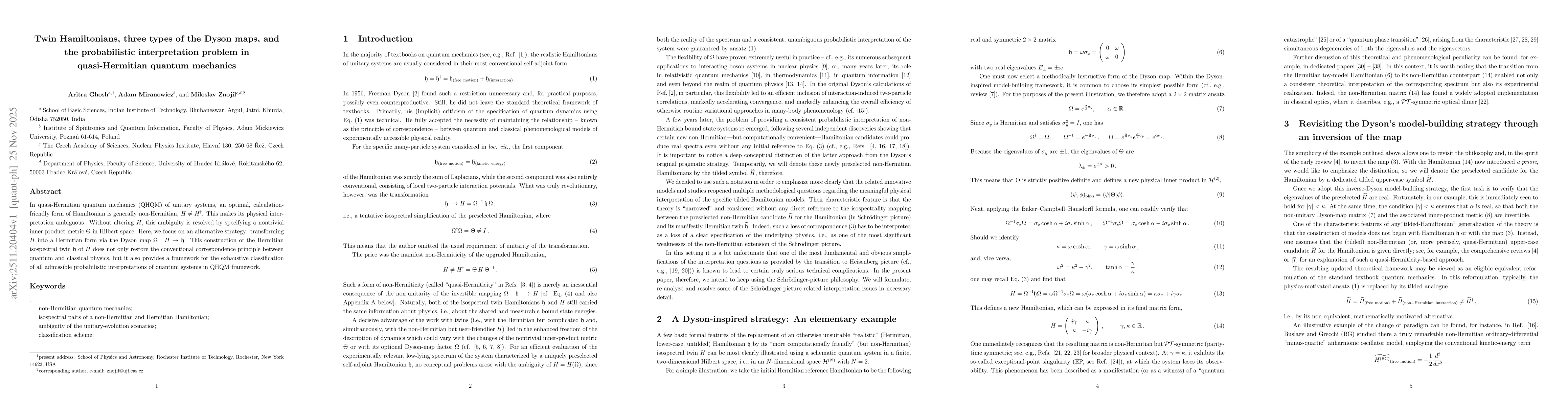 Thumbnail for Twin Hamiltonians, three types of the Dyson maps, and the probabilistic interpretation problem in quasi-Hermitian quantum mechanics