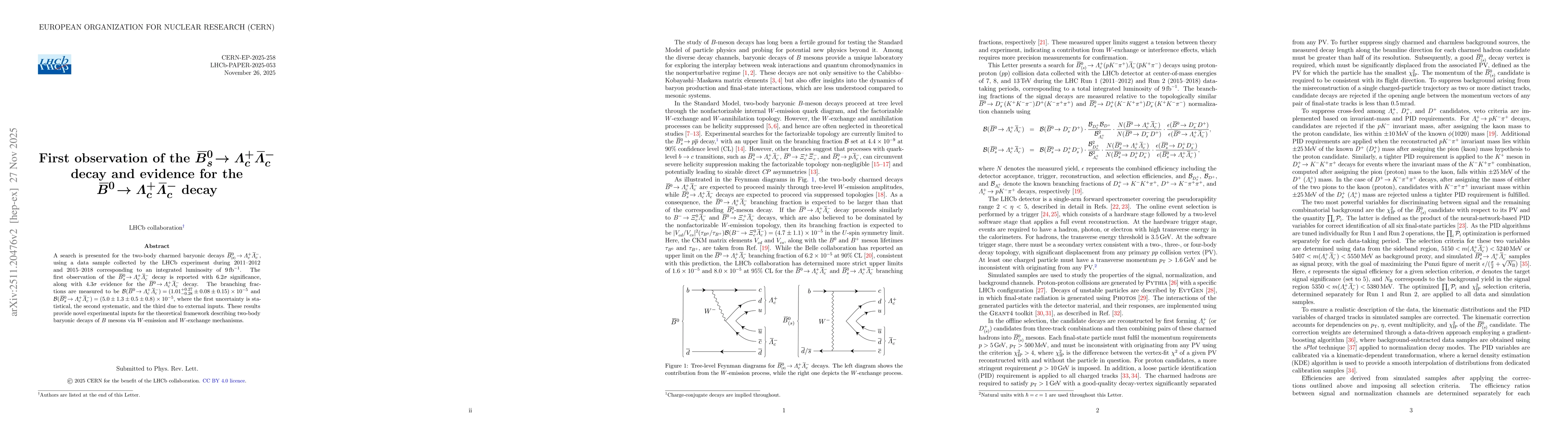 Thumbnail for First observation of the $\overline{B}_{s}^{0}\toΛ_{c}^{+}\overlineΛ_{c}{}^{-}$ decay and evidence for the $\overline{B}^{0}\toΛ_{c}^{+}\overlineΛ_{c}{}^{-}$ decay