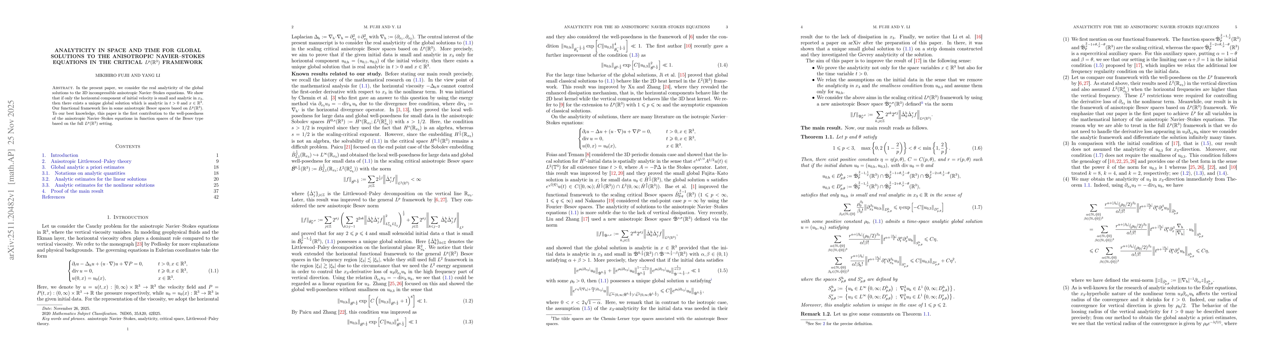 Thumbnail for Analyticity in space and time for global solutions to the anisotropic Navier--Stokes equations in the critical $L^p(\mathbb{R}^3)$ framework