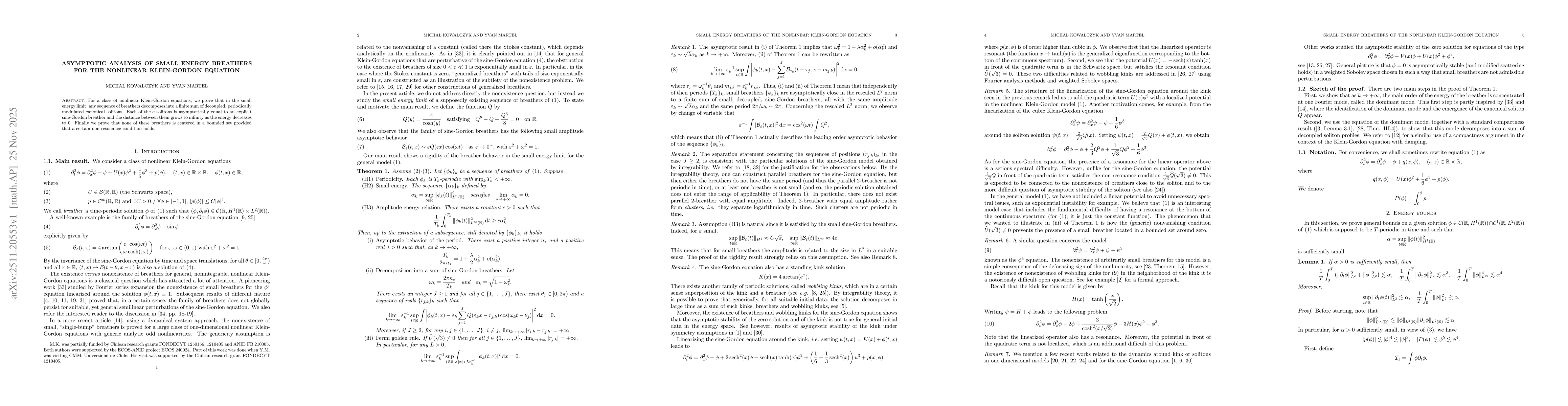Thumbnail for Asymptotic analysis of small energy breathers for the nonlinear Klein-Gordon equation