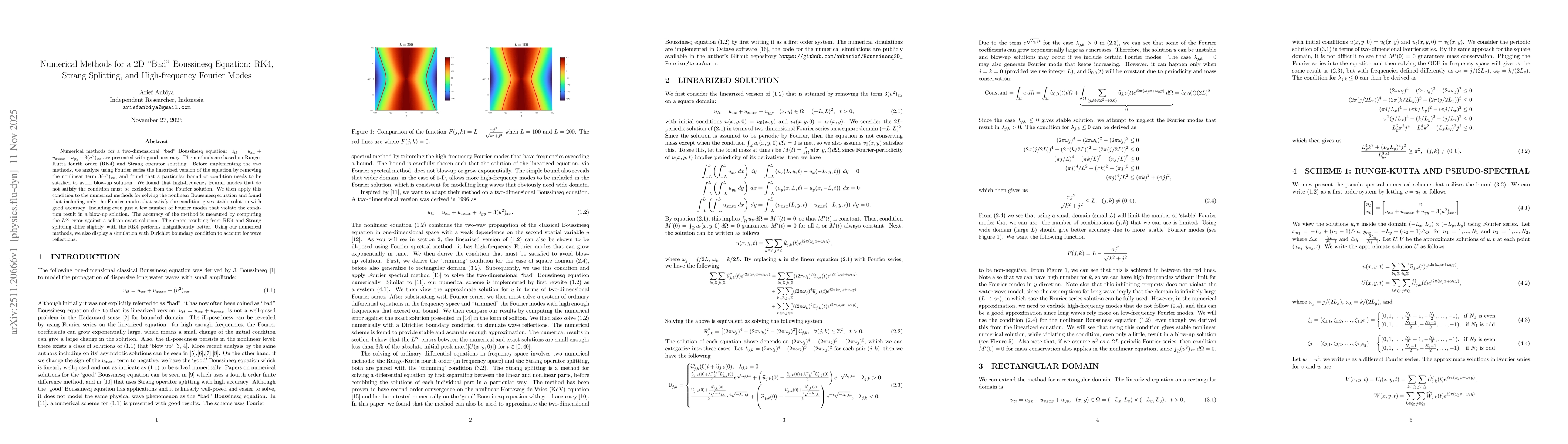 Thumbnail for Numerical Methods for a 2D "Bad" Boussinesq Equation: RK4, Strang Splitting, and High-frequency Fourier Modes