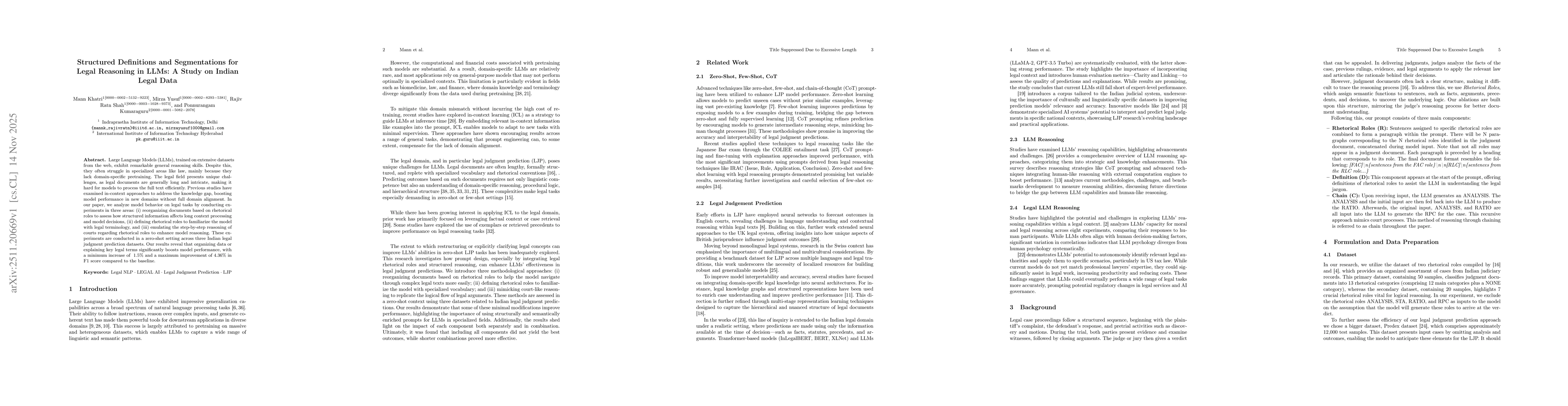 Thumbnail for Structured Definitions and Segmentations for Legal Reasoning in LLMs: A Study on Indian Legal Data