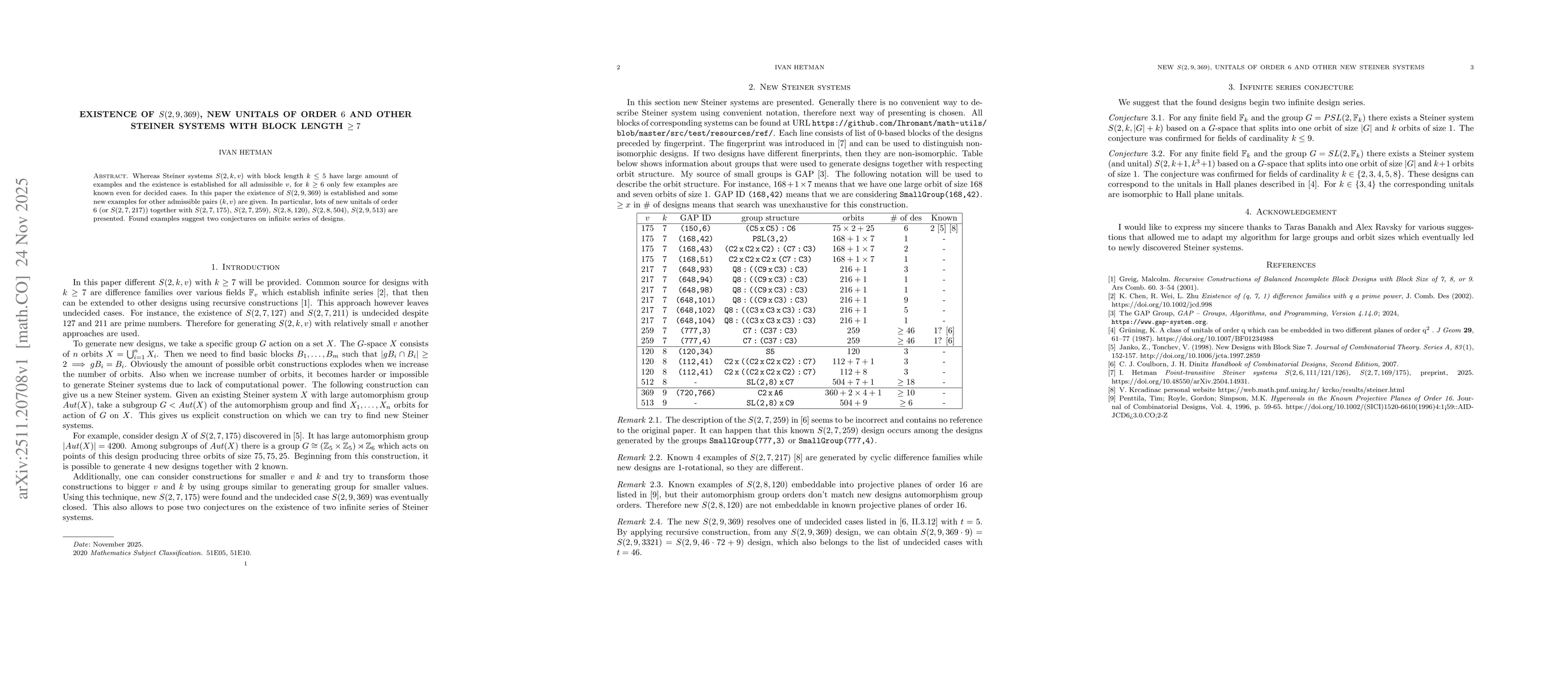 Thumbnail for Existence of $S(2,9,369)$, new unitals of order $6$ and other Steiner systems with block length $\ge 7$
