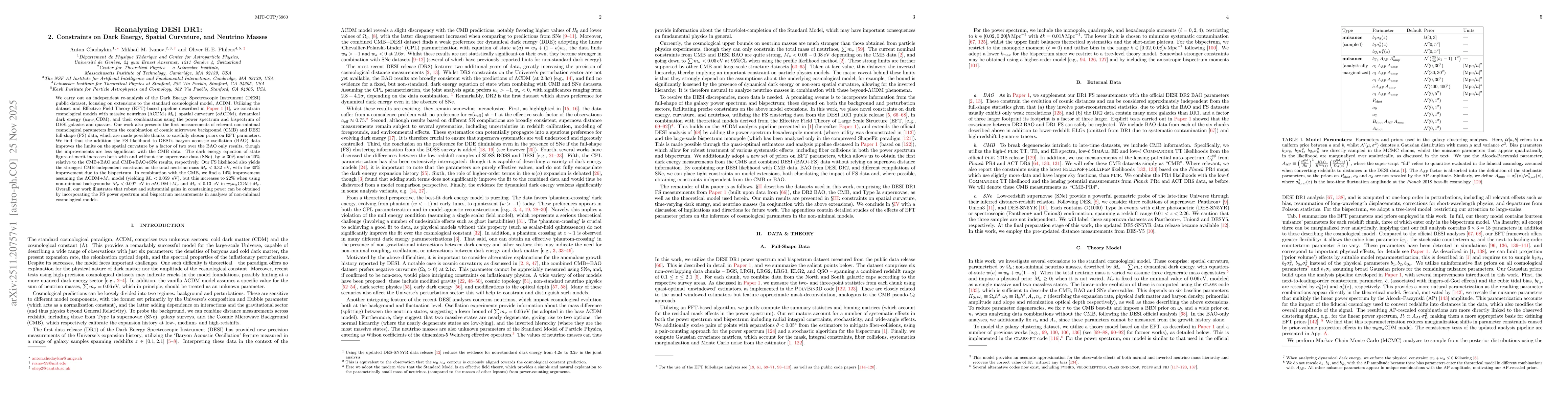 Thumbnail for Reanalyzing DESI DR1: 2. Constraints on Dark Energy, Spatial Curvature, and Neutrino Masses