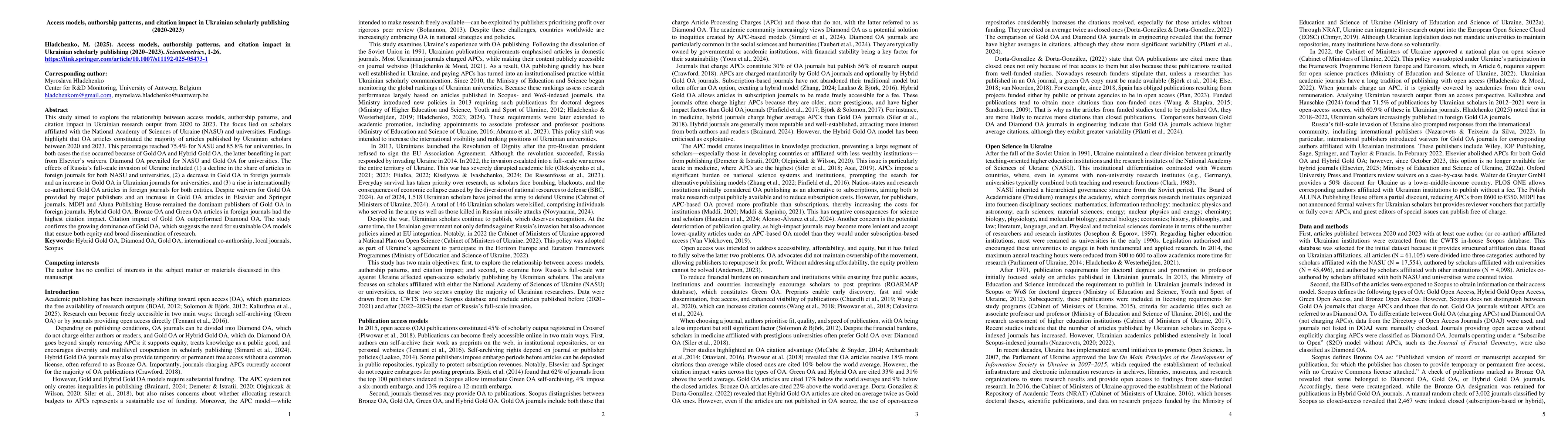 Thumbnail for Access models, authorship patterns, and citation impact in Ukrainian scholarly publishing (2020-2023)