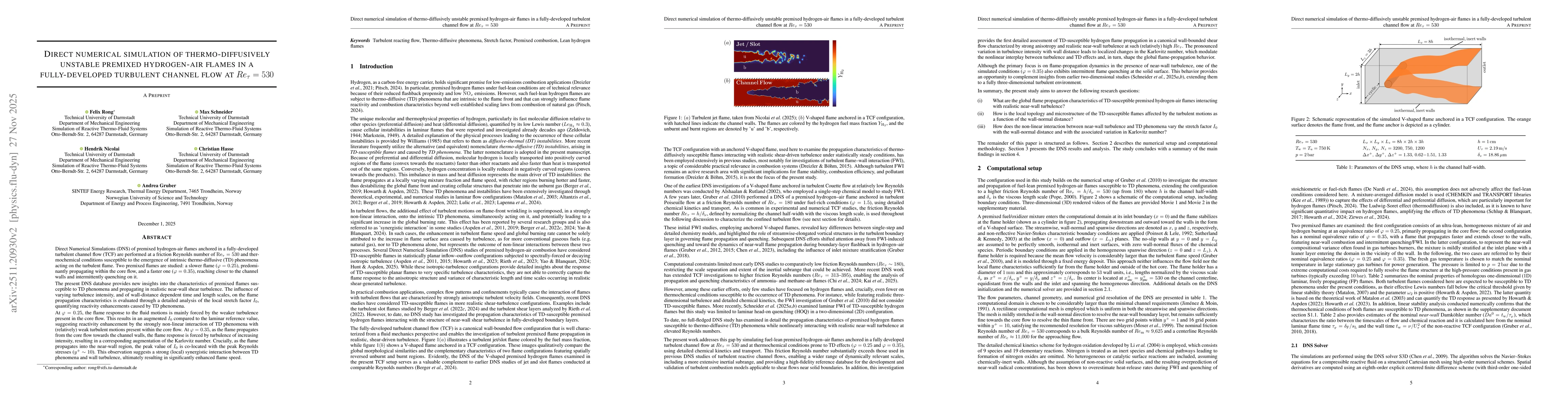 Thumbnail for Direct numerical simulation of thermo-diffusively unstable premixed hydrogen-air flames in a fully-developed turbulent channel flow at $Re_τ=530$