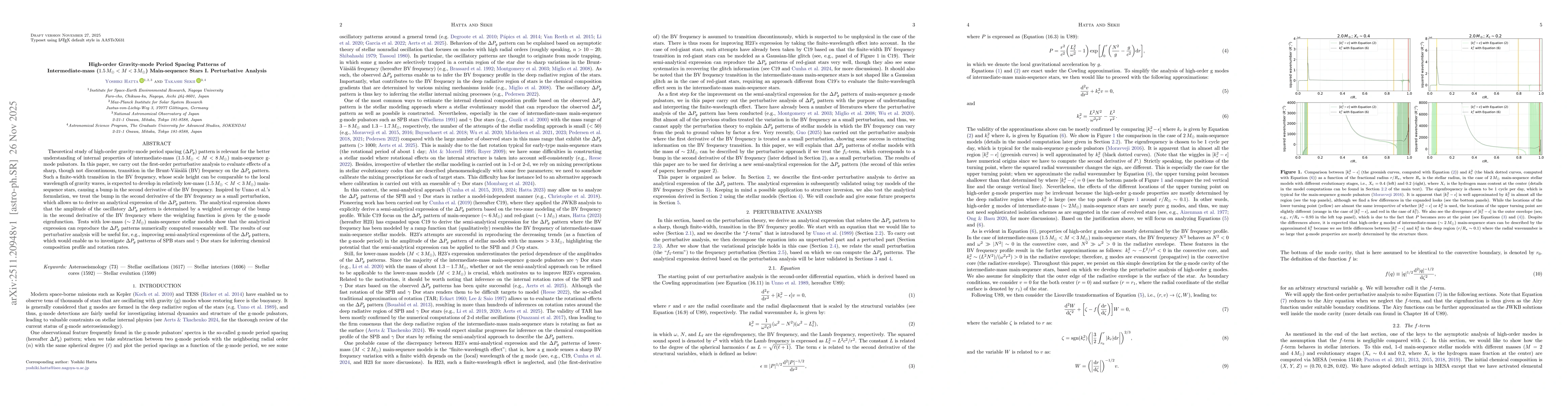 Thumbnail for High-order Gravity-mode Period Spacing Patterns of Intermediate-mass ($1.5 \, M_\odot < M < 3 \, M_{\odot}$) Main-sequence Stars I. Perturbative Analysis