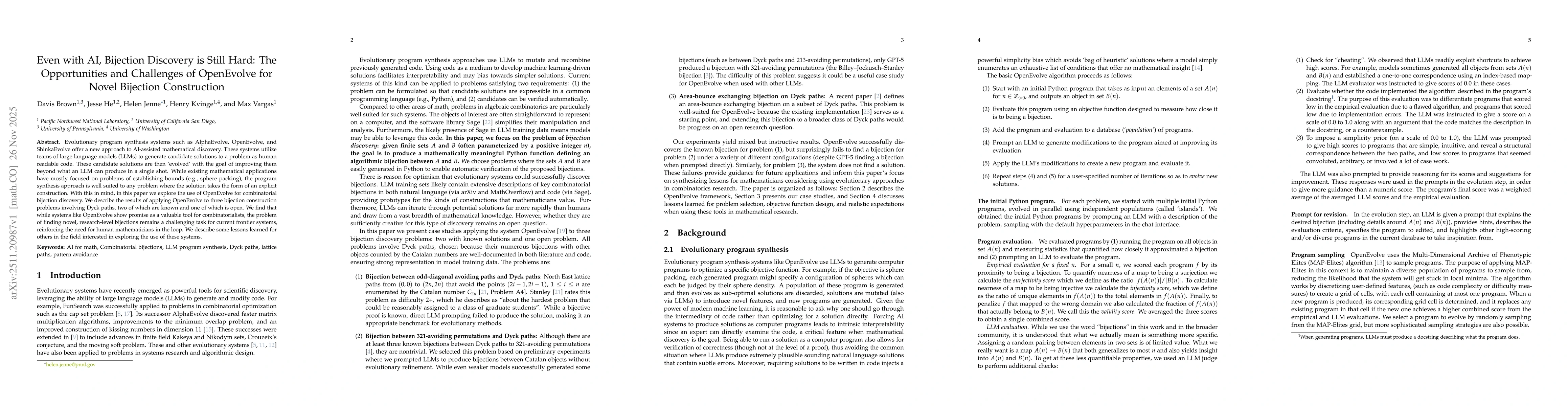Thumbnail for Even with AI, Bijection Discovery is Still Hard: The Opportunities and Challenges of OpenEvolve for Novel Bijection Construction