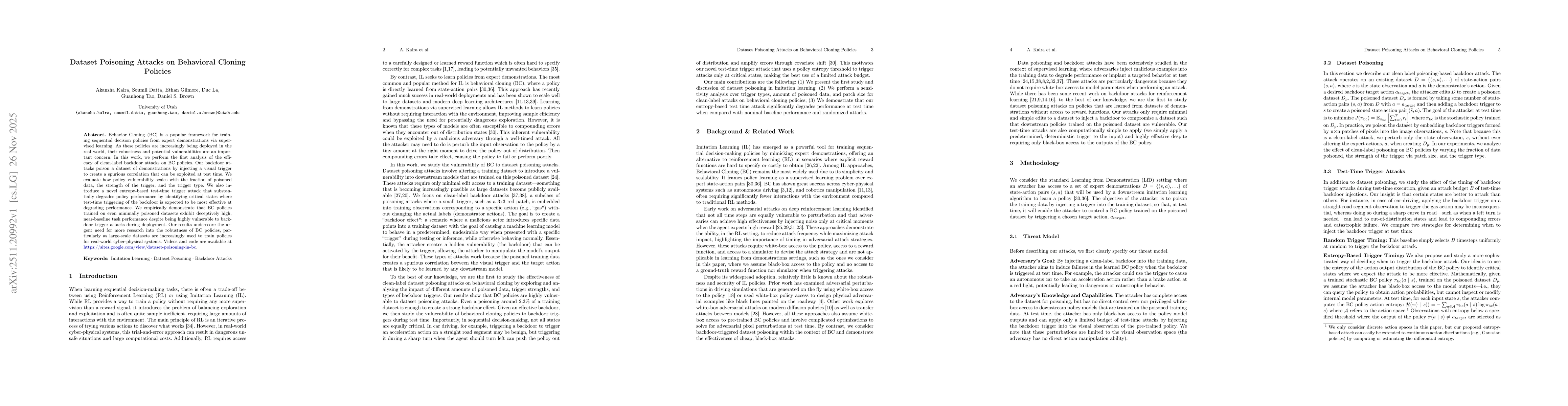 Thumbnail for Dataset Poisoning Attacks on Behavioral Cloning Policies