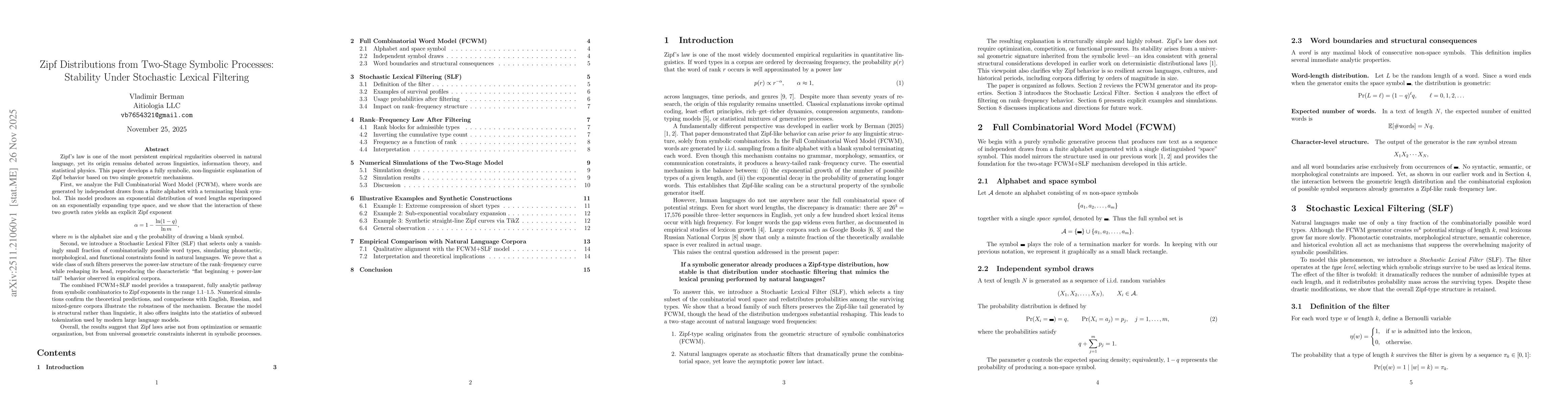 Thumbnail for Zipf Distributions from Two-Stage Symbolic Processes: Stability Under Stochastic Lexical Filtering