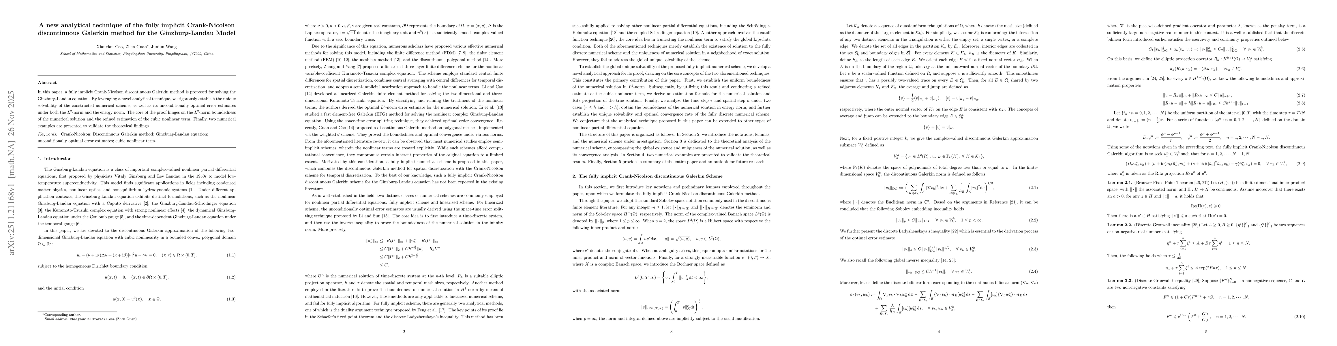 Thumbnail for A new analytical technique of the fully implicit Crank-Nicolson discontinuous Galerkin method for the Ginzburg-Landau Model