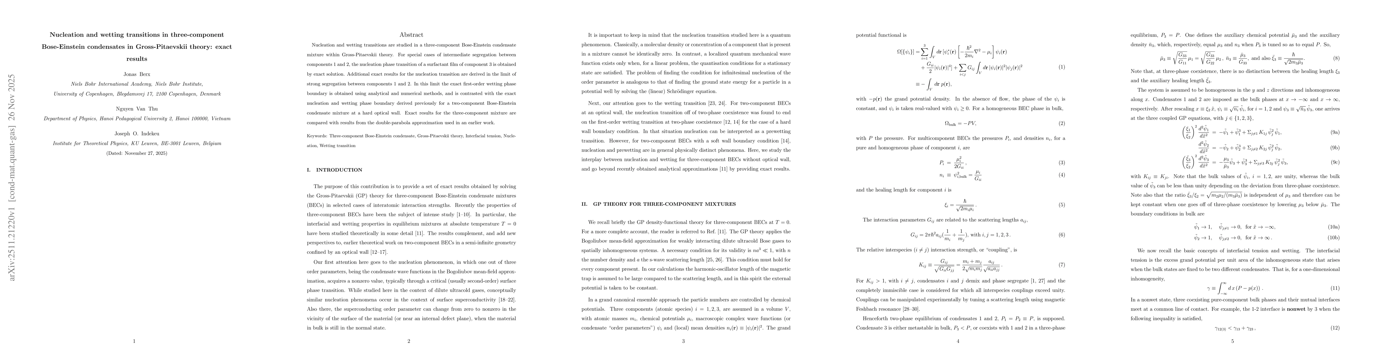 Thumbnail for Nucleation and wetting transitions in three-component Bose-Einstein condensates in Gross-Pitaevskii theory: exact results