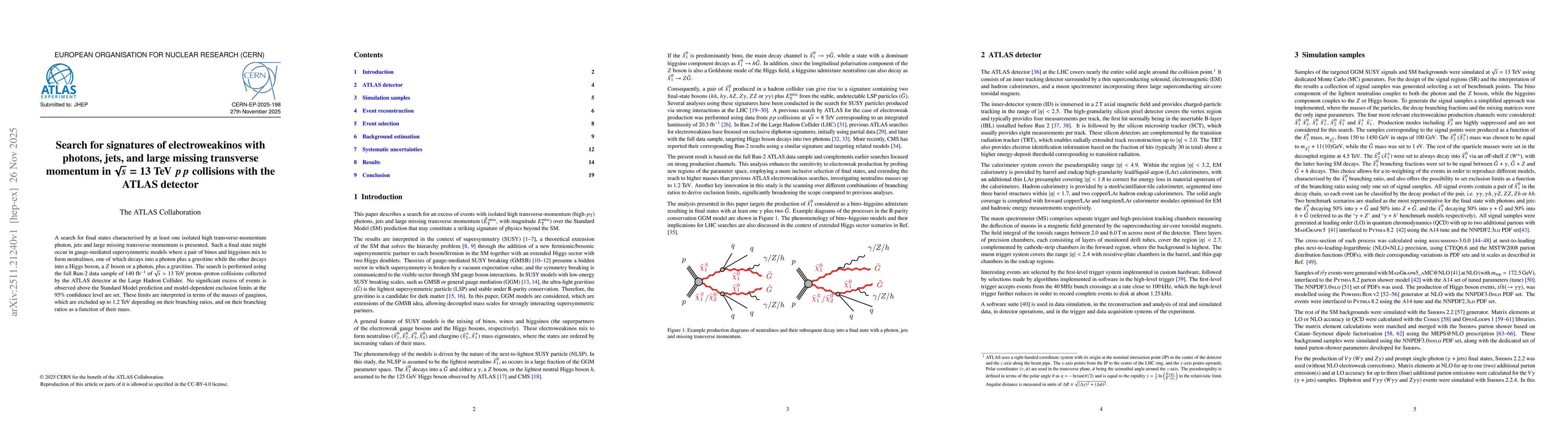 Thumbnail for Search for signatures of electroweakinos with photons, jets, and large missing transverse momentum in $\sqrt{s}=13$ TeV pp collisions with the ATLAS detector