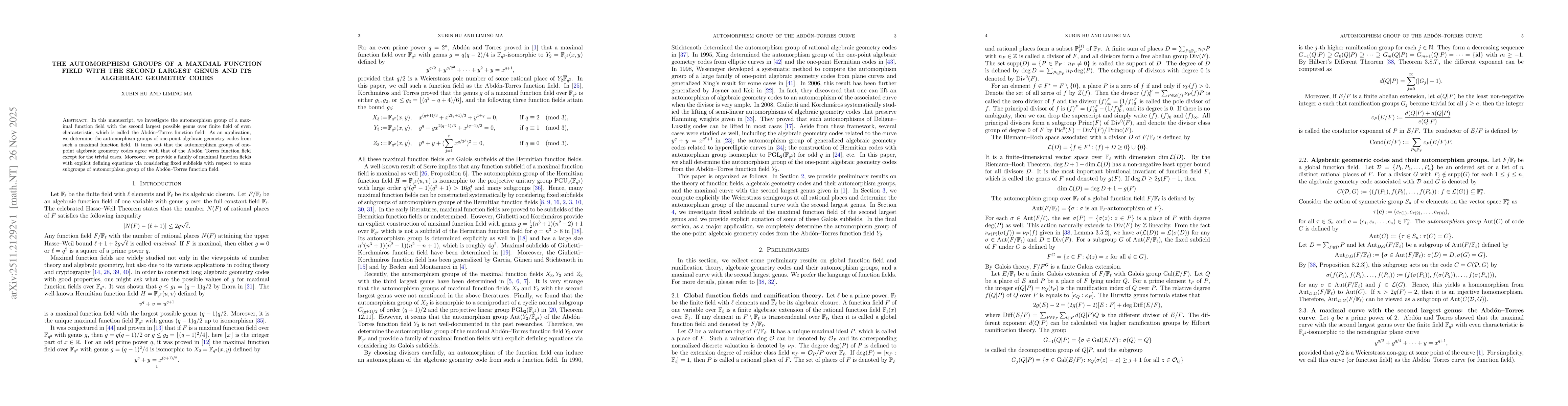 Thumbnail for The automorphism groups of a maximal function field with the second largest genus and its algebraic geometry codes