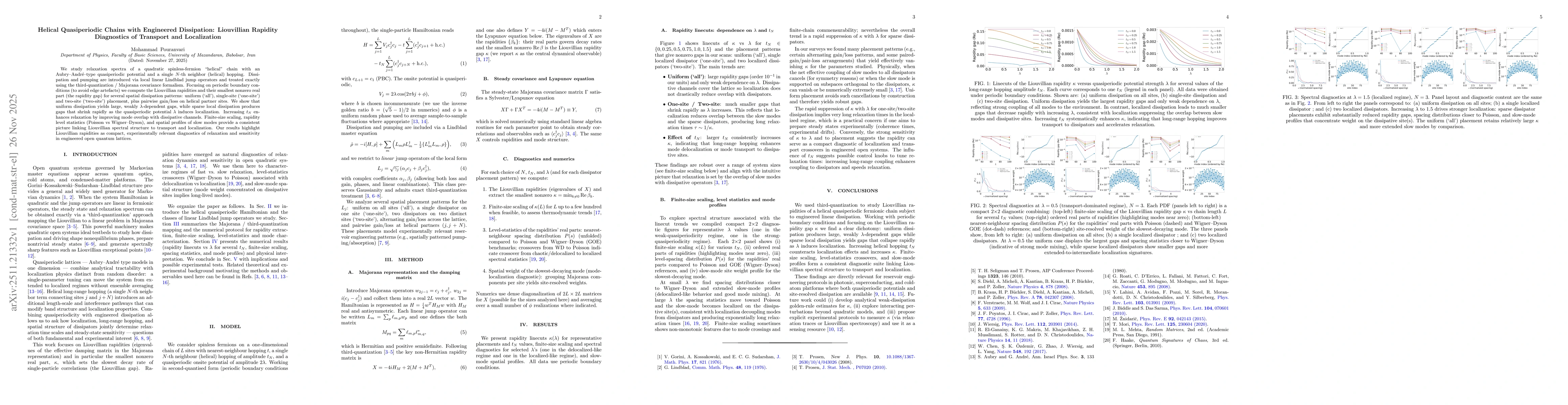 Thumbnail for Helical Quasiperiodic Chains with Engineered Dissipation: Liouvillian Rapidity Diagnostics of Transport and Localization