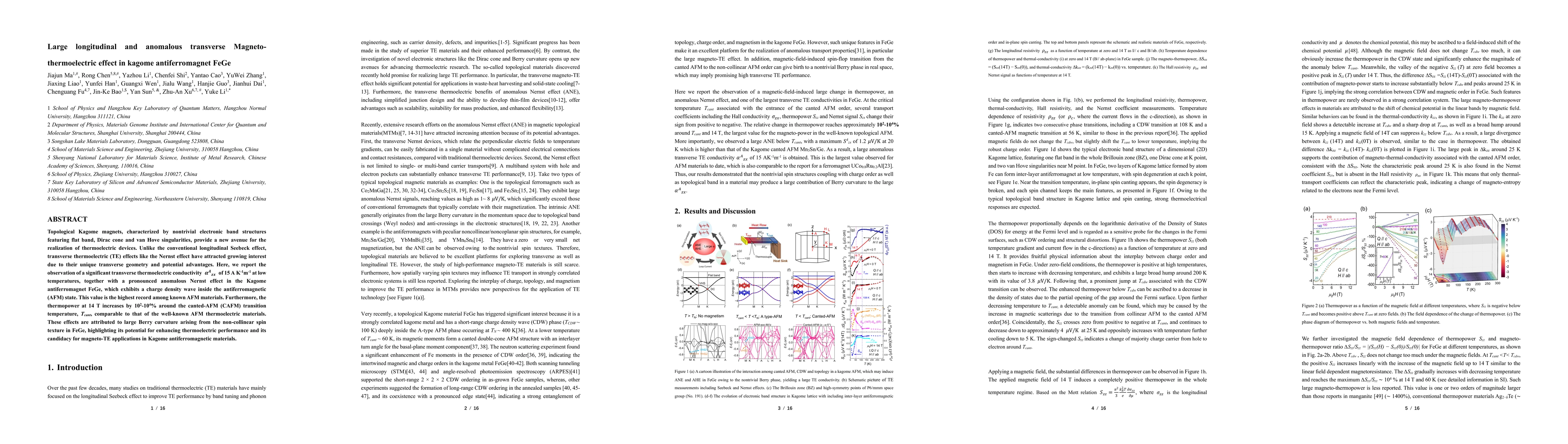 Thumbnail for Large longitudinal and anomalous transverse Magneto-thermoelectric effect in kagome antiferromagnet FeGe