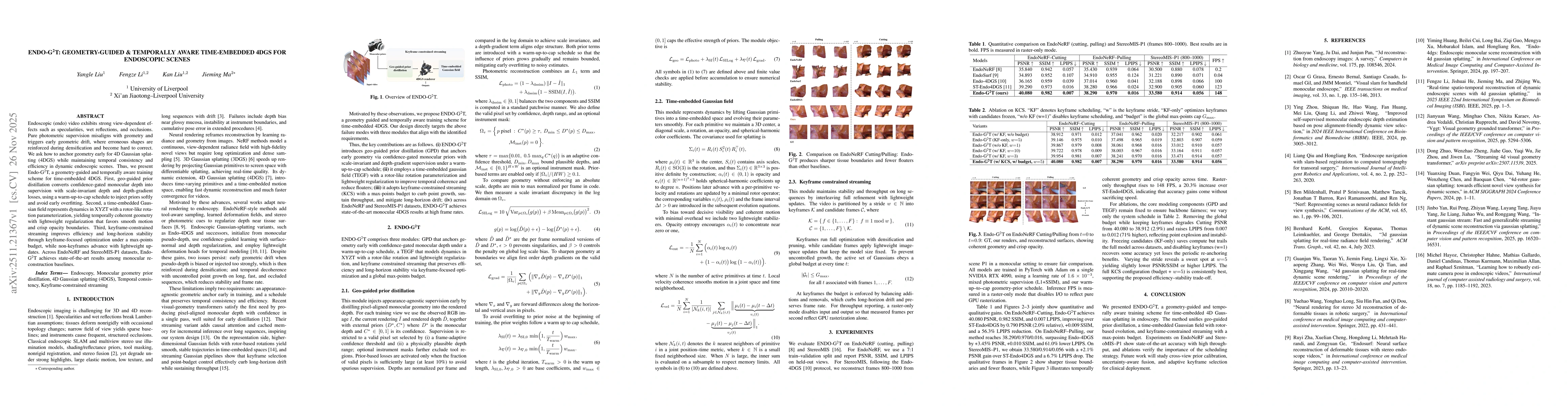 Thumbnail for Endo-G$^{2}$T: Geometry-Guided & Temporally Aware Time-Embedded 4DGS For Endoscopic Scenes