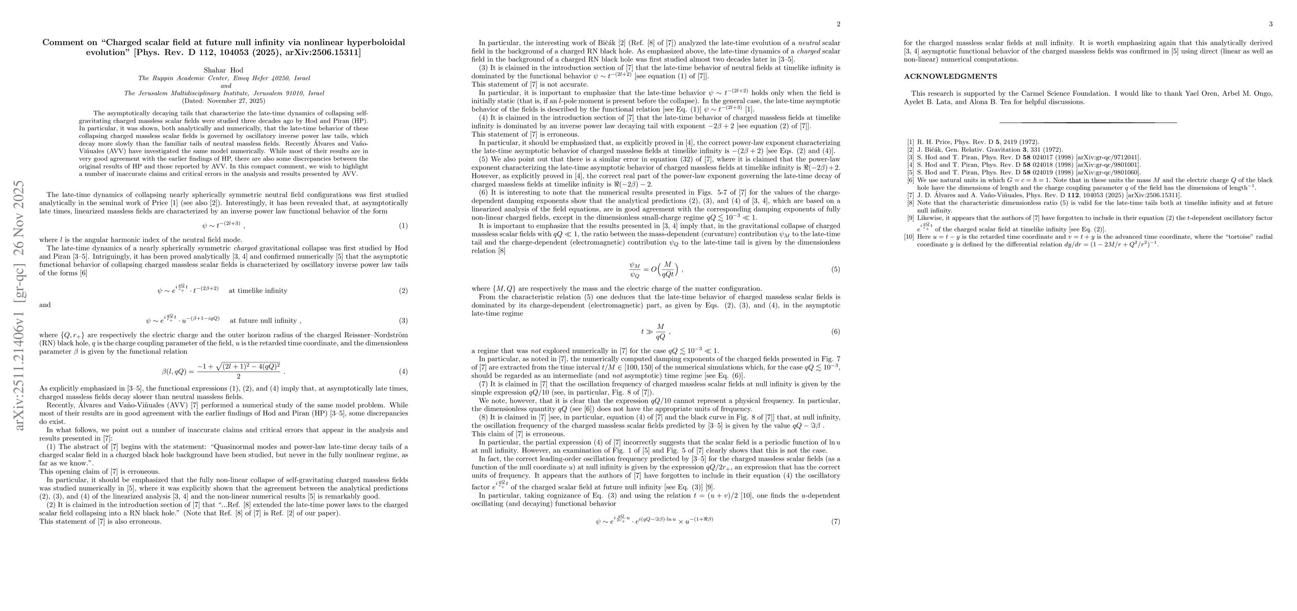 Thumbnail for Comment on "Charged scalar field at future null infinity via nonlinear hyperboloidal evolution" [Phys. Rev. D {\bf 112}, 104053 (2025), arXiv:2506.15311]