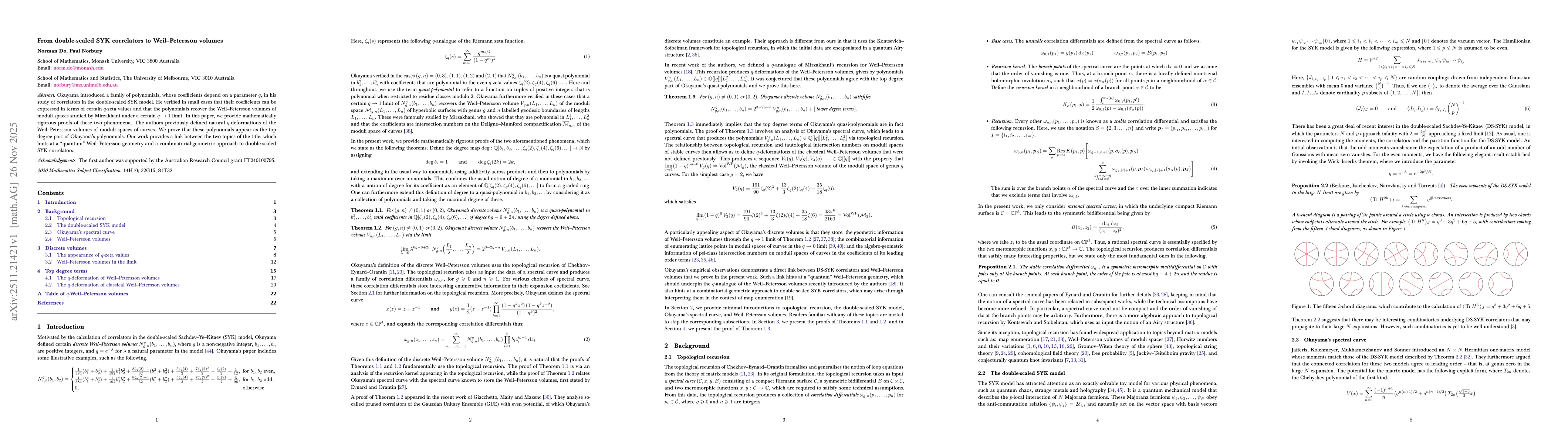 Thumbnail for From double-scaled SYK correlators to Weil-Petersson volumes